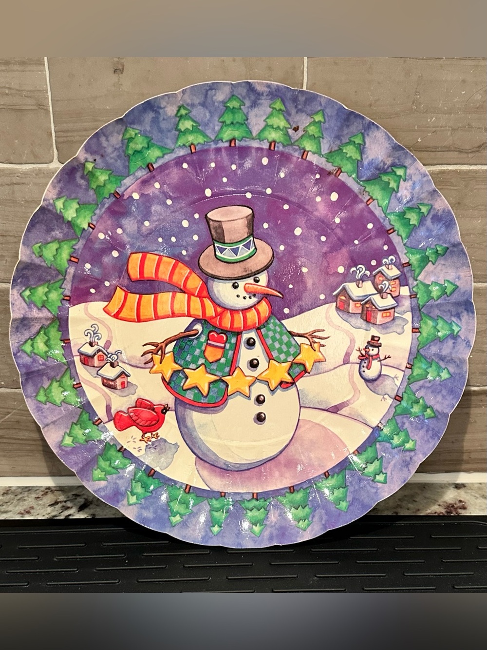 Beautiful Vintage Snowman Decorative Cardboard Cookie Plate Tray 11” x .5”